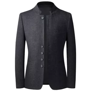 Men Formal Tweed Single-Breasted Suit Blazer Jacket Fit Coat Top Mandarin Collar - Bild 1 von 14