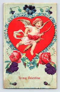Postkarte Valentinstag Amor Pfeil Rosen 1910 verschickt Lowell Massachusetts MA - Bild 1 von 2