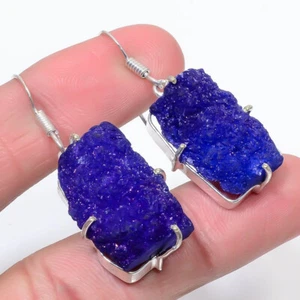 Blue Titanium Druzy Gemstone Silver Plated Earrings Vintage Jewelry 1.5" - Picture 1 of 1