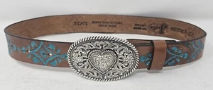 Justin Girls Hope Brown Turquoise Tooled Leather Silver Heart Buckle Belt Sz 22 - Picture 1 of 11