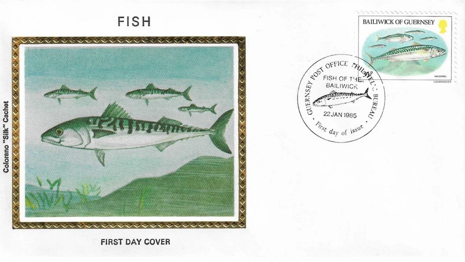 Fish Fishing Mackerel Guernsey Bailiwick GB Clean Gold Colorano Silk FDC 1985 - Image 1 of 1