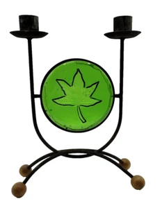 Vintage Black Metal Wood Feet Double Taper Candle Holder Green Glass Maple Leaf - Picture 1 of 14