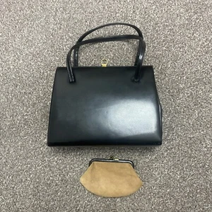 Vintage Elbief klassische gerahmte schwarze Lederhandtasche sehr guter Zustand + Geldbeutel - Bild 1 von 18