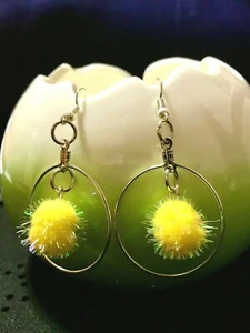  Silver Earrings Yellow Dangle/Yellow Furry Pom Poms Jewelry Artisan Designed  - Picture 1 of 3