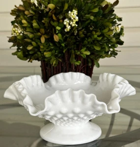 Vintage Hobnail Milk Glass Wavey Ribbon Rim Footed Base Candy Bowl - Picture 1 of 6