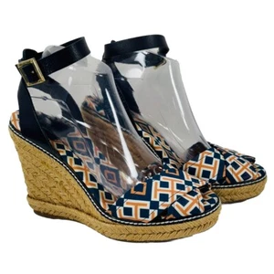 Tory Burch Espadrille Wedge Sandals Heels Orange Navy Blue Canvas Leather 9 B - Picture 1 of 13