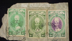 Malaya : Kelantan : 1937 : : KGV : 2c,8c,$1 : Used on small piece - Picture 1 of 1