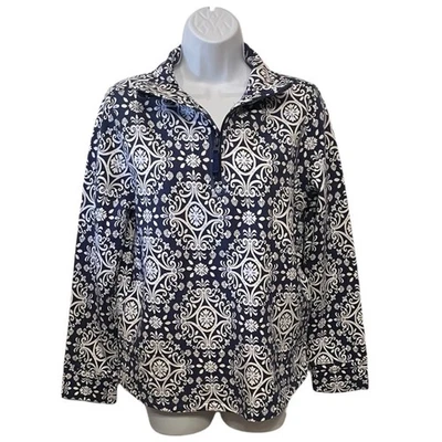 Vera Bradley Womens Quarter Zip Pullover Top Navy White Damask Print Size S P - Image 1 of 4