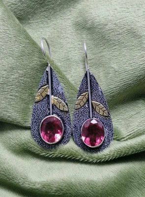 925 Sterling Silver Earrings with Pink Tourmaline Gemstone Textured Leaf Design - Image 1 of 4