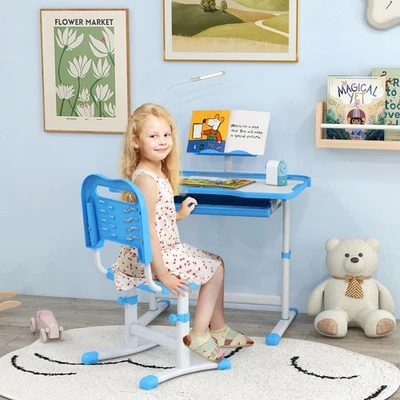 Conjunto de mesa e cadeira infantil com mesa basculante, gaveta de armazenamento, azul - Imagem 1 de 4