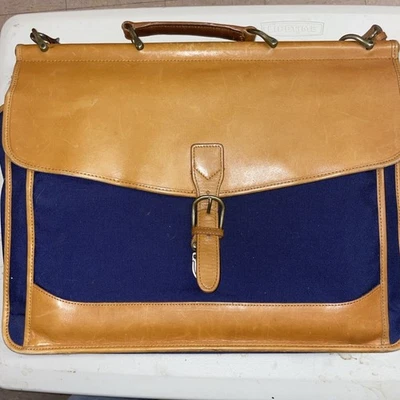 Ll Bean Bandolera Marrón Azul Cuero Lona Portátil Correa de Hombro De Colección Foto 1 de 4