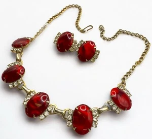 Vintage Satin Plastic Cabochons Rhinestones Necklace Earrings Set - Picture 1 of 8