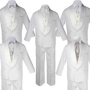 Baby Boy White Satin Shawl Lapel Tuxedo SILVER Satin Bow Necktie Vest Set - Picture 1 of 7