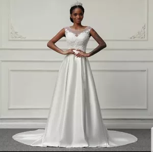 UK Cap Sleeve Lace Satin Affordable Wedding Dresses White or Ivory Size 6-20 - Picture 1 of 6