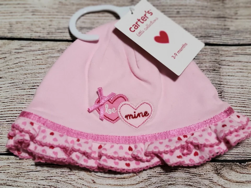NWT Carters Pink VALENTINE be mine Hearts Ruffle Vintage Beanie HAT/Cap 3-9 Baby - Image 1 of 1