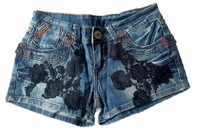 Denim Blue Shorts With Black Floral Lace Size: 8Uk - Image 1 of 4