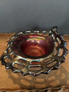 Red Vintage Fenton Open Edge 2 Row JIP Carnival Glass Basket iridescent reticula - Picture 1 of 10