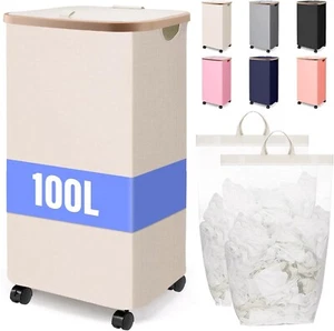 100L Movable Storage Basket Laundry Hamper with Wheels,Large Collapsible Rolling - Picture 1 of 7