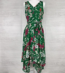 ELIZA J Size 8 Handkerchief Hem Sleeveless Floral Belted V-Neck Midi Dress Green - Picture 1 of 16