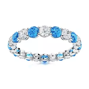 3MM Round Swiss Blue Topaz 925 Sterling Silver Eternity Women Wedding Ring - Picture 1 of 7