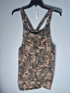 Womens Jumper Pinafore Dress Size Large Camouflage Zipper Geek Y2K 90s Overall - Picture 1 of 8