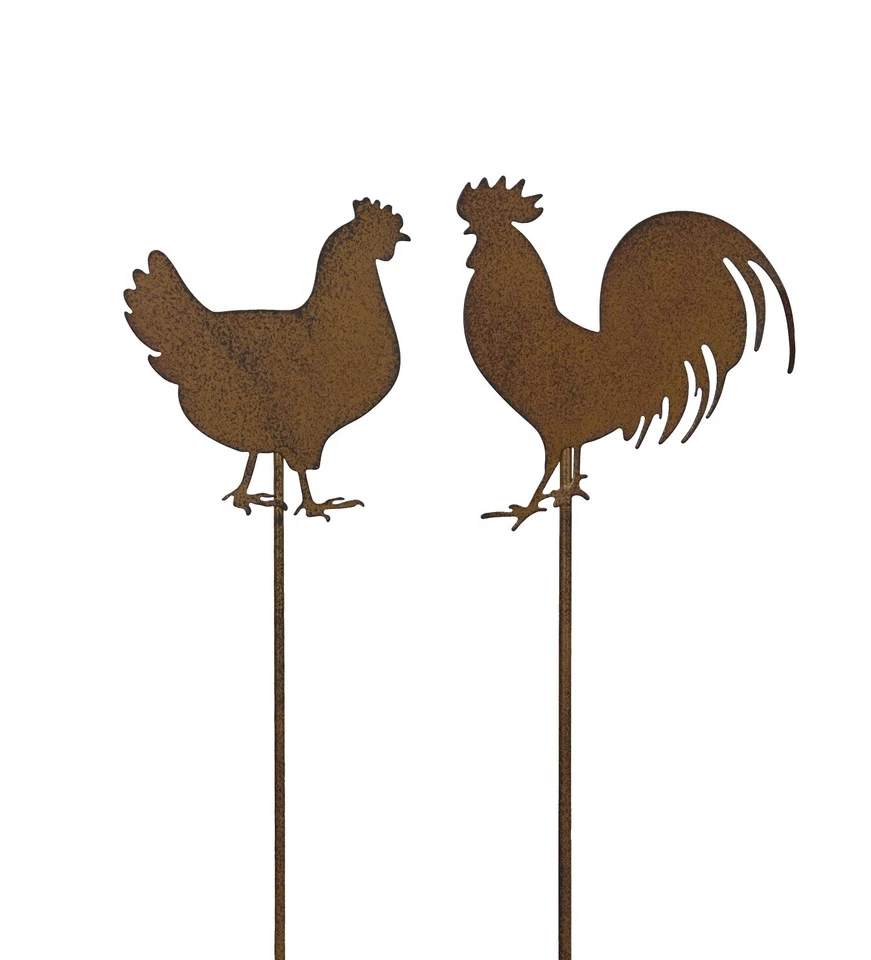 1 Paar Gartenstecker Huhn und Hahn am Stab Hahn und Henne aus Metall H: ca. 40cm - Bild 1 von 1
