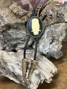 BRONZE GOLD Owl Cameo Bolo Tie Lariat Y Necklace UNISEX  birthday Gift Wedding - Picture 1 of 9