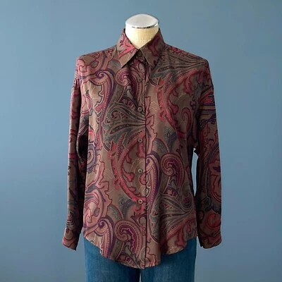 Blusa Camisa L/S Ellen Tracy Marrón Borgoña Cachemira 100% Seda Usada - 4P Foto 1 de 2