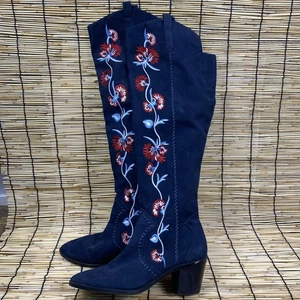 Carlos Santana Alexia Navy Suede Embroidered Boots Size 10M Knee High - Picture 1 of 10
