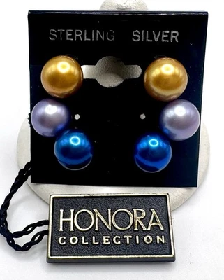 Juego de 3 aretes Honora de plata de ley de 9 mm de perlas cultivadas de agua dulce Foto 1 de 3