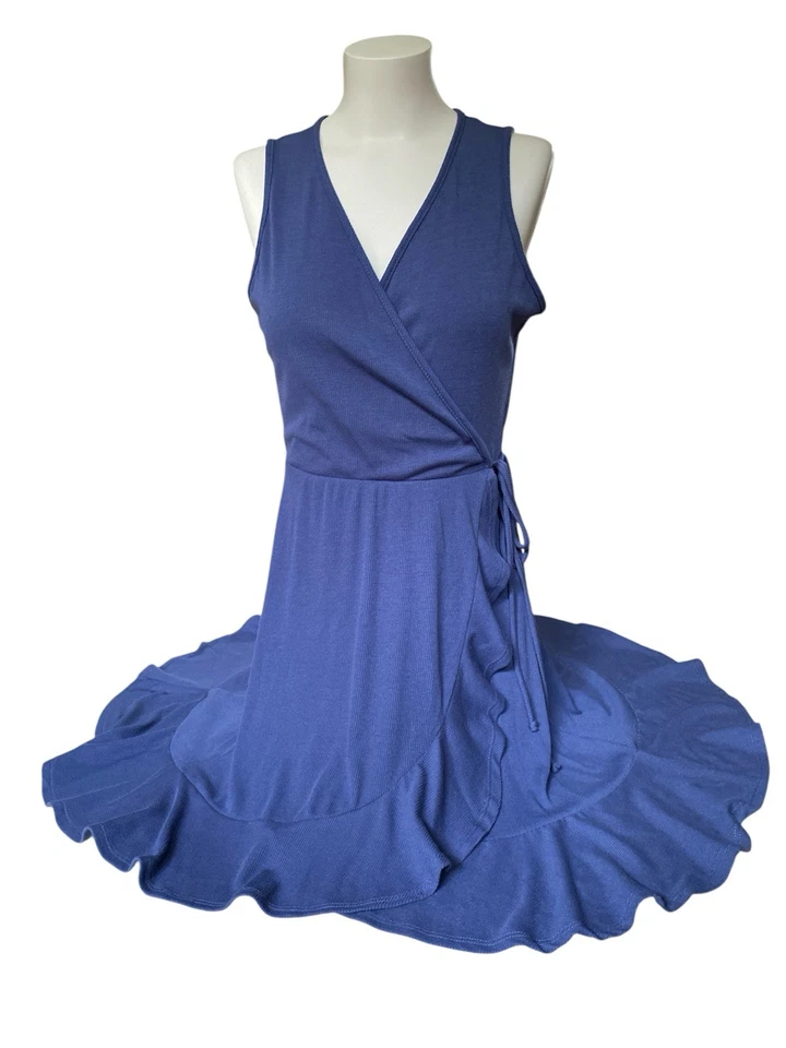 Vestido Soprano Mujer Sin Mangas Envolvente Azul Cruzado Volantes Midi Talla Grande EE. UU. Foto 1 de 4