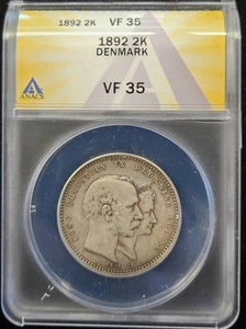 1892-(H) CS Denmark Silver 2 Kroner Golden Wedding Anniversary ANACS VF 35 - Picture 1 of 4