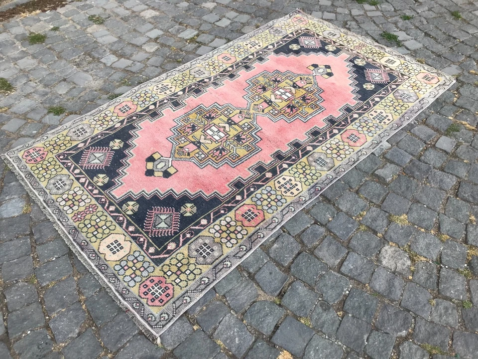 Bohemian Area Rug Handmade Wool Rug Turkish Vintage Traditional Rug 3,7 x 6,6 ft - Image 1 of 4