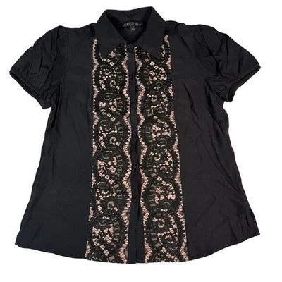 Blusa Lafayette 148 New York Negra Borde de Encaje Seda Oscura Romántica Femenina Foto 1 de 4