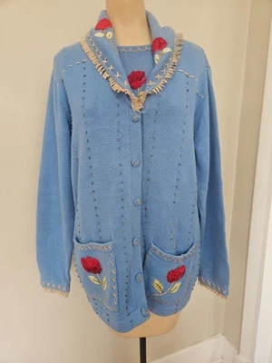 Vtg Storybook Knits Novelty Western Blue Fringe Red Rose Cardigan Sweater Set - Image 1 of 4