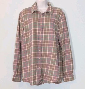 Lands End Boyfriend Plaid Flannel Shirt Women's XL Tall Pastel Button Up Cotton - Picture 1 of 13