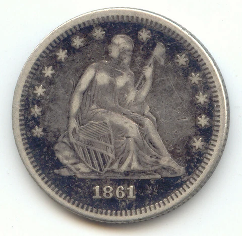 1861 Seated Liberty Quarter, Civil War Date, VF-XF Details Cover