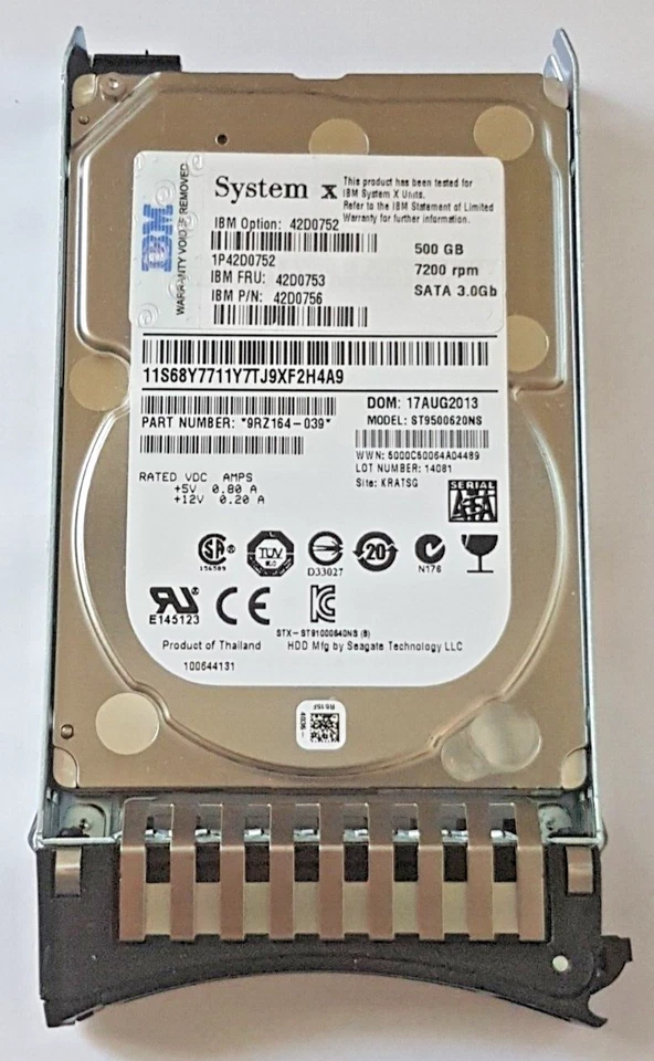 500 GB SATA IBM System X 42D0752 ST9500620NS 7200rpm HDD 2.5 " Hard Drive+Caddy - Image 1 of 1