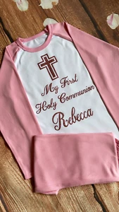First Holy Communion personalised pyjamas red, pink or blue. PJ's Gift present - Picture 1 of 4