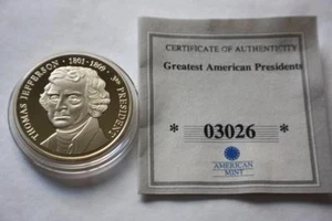 U.S. PRESIDENT THOMAS JEFFERSON 24k GOLD PLATED COMMEMORATIVE PROOF COIN - Picture 1 of 7