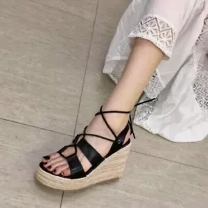 Ladies Wedge Sandals Leisure Strappy Platform Wedges High Heels Black High-Heele - Picture 1 of 9