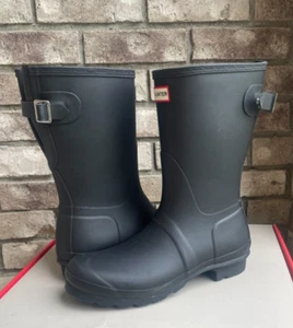 HUNTER ORIGINAL SHORT BACK ADJUSTABLE BOOT 8 Women's Outdoor Rain Black Rubber - Picture 1 of 9
