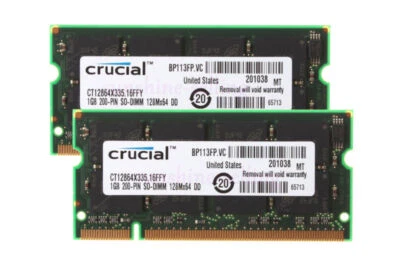 Crucial 2GB 1GB x2 PC2700 DDR 333MHZ 200Pin SODIMM Laptop Memory RAM CL2.5,SDRAM - Image 1 of 4