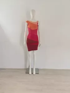 HERVE LEGER (S) Orange & Red Bandage Dress UK 8 10 EU 36 38 Wiggle Pencil - Picture 1 of 12