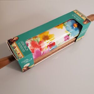 Pioneer Woman Ceramic Rolling Pin Breezy Blossoms Wooden Handles Wood Stand Base