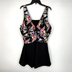 Catherines Womens Size 22 One Piece Swim Suit Dress Black Floral Soft Cup Bra - Picture 1 of 10