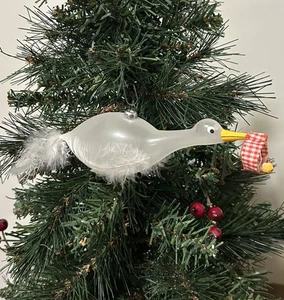 Vintage De Carlini 6” Stork Frosted Glass Baby’s First Christmas Ornament Italy - Picture 1 of 11