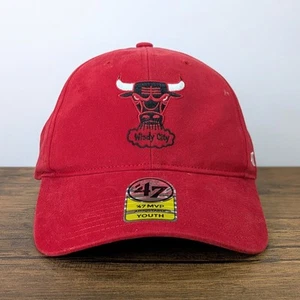 Used Chicago Bulls Strap Back Youth Hat, '47 Brand Red w/ Windy City Logo Cap - Picture 1 of 16