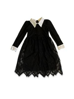 Dainty Jewells Black Lace White Collar Girls Dress Medium Wednesday Addams Vibes - Image 1 of 4