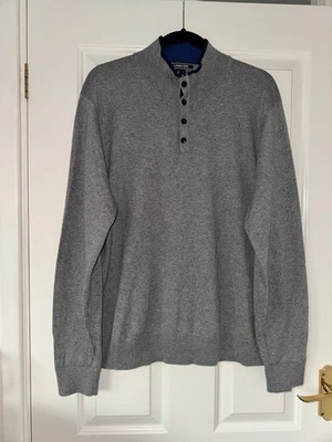 Lands End Cotton and Cashmere Grey & Navy 1/4 Button Pullover Knit Jumper Large - Image 1 of 4